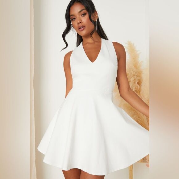 Lulus Going Steady Backless Skater Mini Dress XS White Fit & Flare Bridal Party - Picture 3 of 11